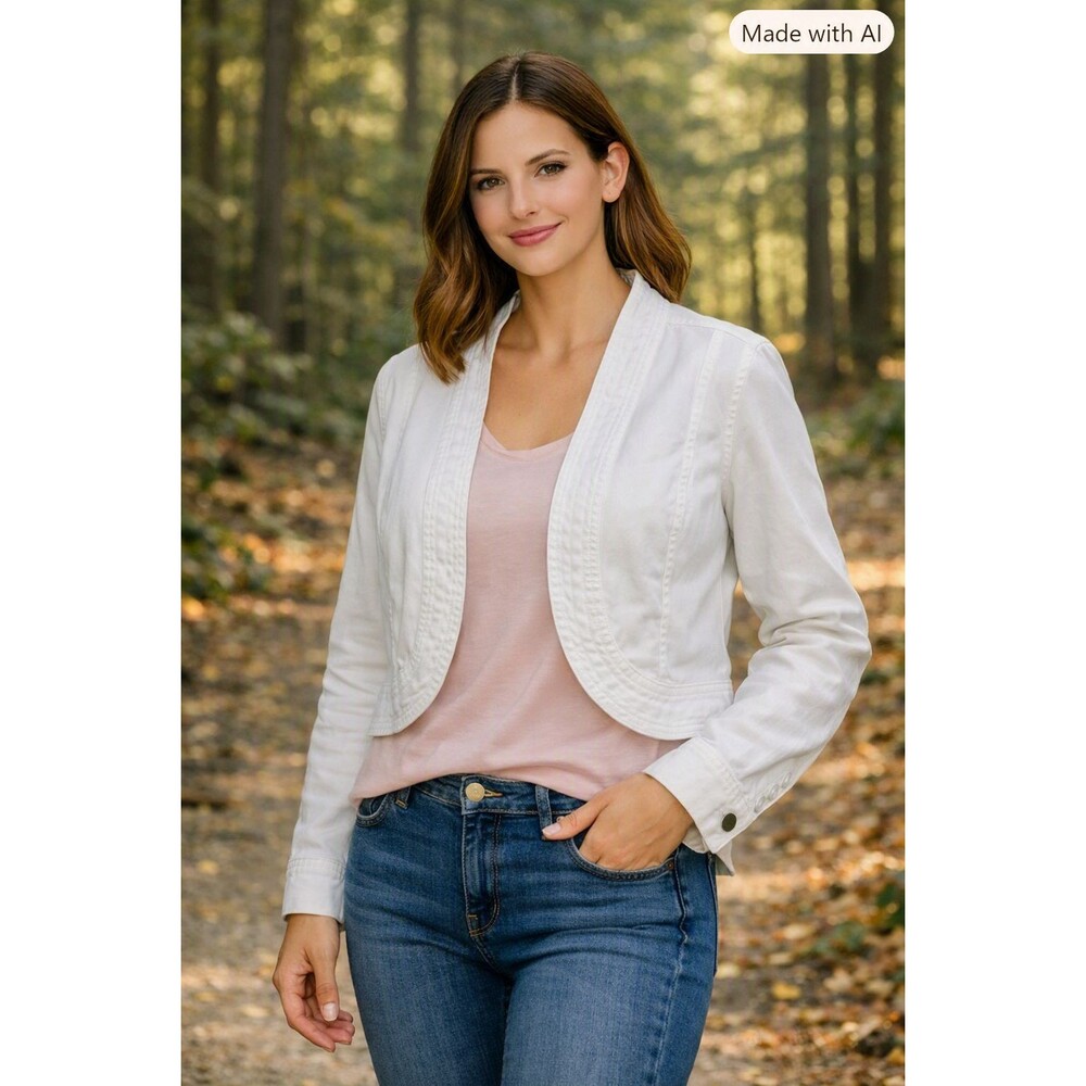 Soft Surroundings White Crop Open Front Jacket Eyelet Back Stretch Cotton Medium